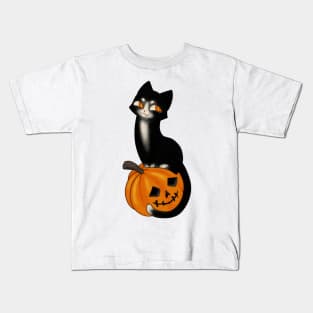 Halloween Black Cat sitting on a Pumpkin original print Kids T-Shirt